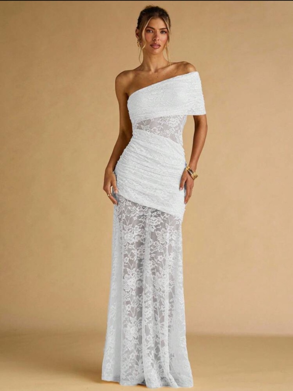 SHEIN White One-Shoulder Lace Asymmetrical Evening Gown